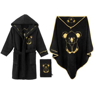 Luxus Baby Wellness Set (3 teilig) Bademantel, Kapuzendecke, Waschlappen 100% Baumwolle - in Gold gesticktes Tiermotiv Koala