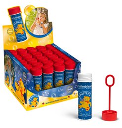 Colorful 70ml bubble solution bottle with a red cap and bubble wand. Designed for children's entertainment and play.