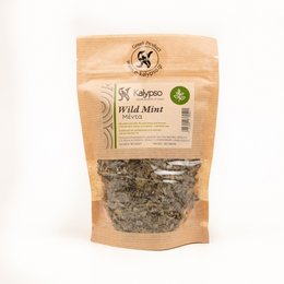 Dried Greek mint leaves in a resealable pouch. Aromatic and flavorful seasoning for Mediterranean dishes.
