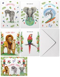 10 wenskaarten mix - gevouwen met envelop - Verjaardag - Liefde - Papegaai - Olifant - Zebra - Dolfijn - Leeuwen - A6 formaat - aquarel