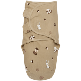 Soft, cozy swaddle cloth with forest animal print in sand color. Made of breathable, stretchy fabric to gently wrap and soothe newborns.