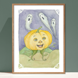 A cheerful, cartoon-style illustration of a smiling pumpkin character with a happy expression, surrounded by ghostly figures in the background. The pumpkin has a round, yellow body and green leaves or vines. This image would be suitable for a kids' room poster or Halloween decor.