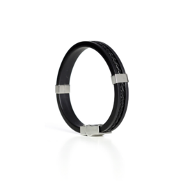 Black leather bracelet with silver-tone metal accents, suitable for casual or formal wear.