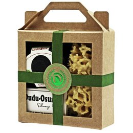 Gift set mini soap box small velvet black, Dudu Osun® PURE 25g, natural sponge small
