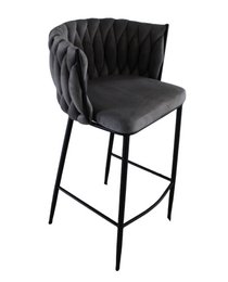  Tall gray woven wave bar chair with black metal legs.