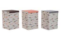 A large, rectangular laundry basket made of woven material with a brown lid. The basket has a neutral color scheme with various shades of white, gray, and brown. It appears to be a practical and durable storage solution for laundry or other household items.