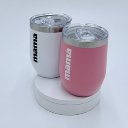  "Insulated travel cup, white and pink, 'mama' text, stainless steel, reusable coffee tea tumbler"