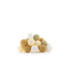 String lights with a creamy color and an adapter. The lights are round and made of cotton material, creating a warm and cozy ambiance.