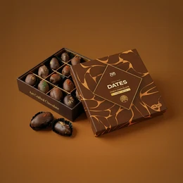  Assorted chocolate-coated dates box, brown premium packaging, luxury gift set, Dubai dates confectionery.