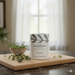  Earthy, elegant thyme herb in a cylindrical white container with a black and white label featuring the product name "8:26 Histories Thyme - The Essence of Earthy Elegance!"
