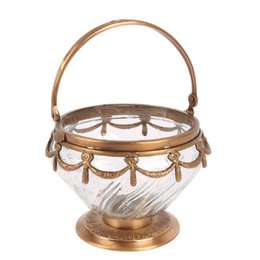  Brass bonbonniere with a round glass container, decorative metal accents, and a handle. Suitable for storing small trinkets or candies.