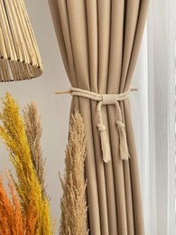  Beige cotton macrame drape tiebacks with wooden accents, natural fiber curtain accessories, bohemian style.