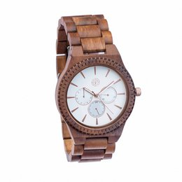 Wooden watch with a round, analog dial and a multi-function chronograph design. The watch features a brown wooden case and bracelet, with a white dial and contrasting subdials.