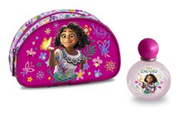  Purple toiletry bag with Encanto character, floral patterns, matching eau de toilette bottle, Disney merchandise set.