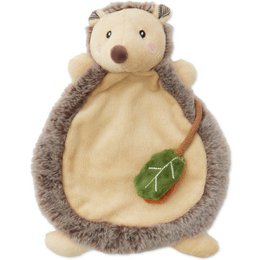 Cuddly cloth hedgehog piksi, a soft and plush toy with a round shape, beige and brown colors, and a leaf-shaped accent.