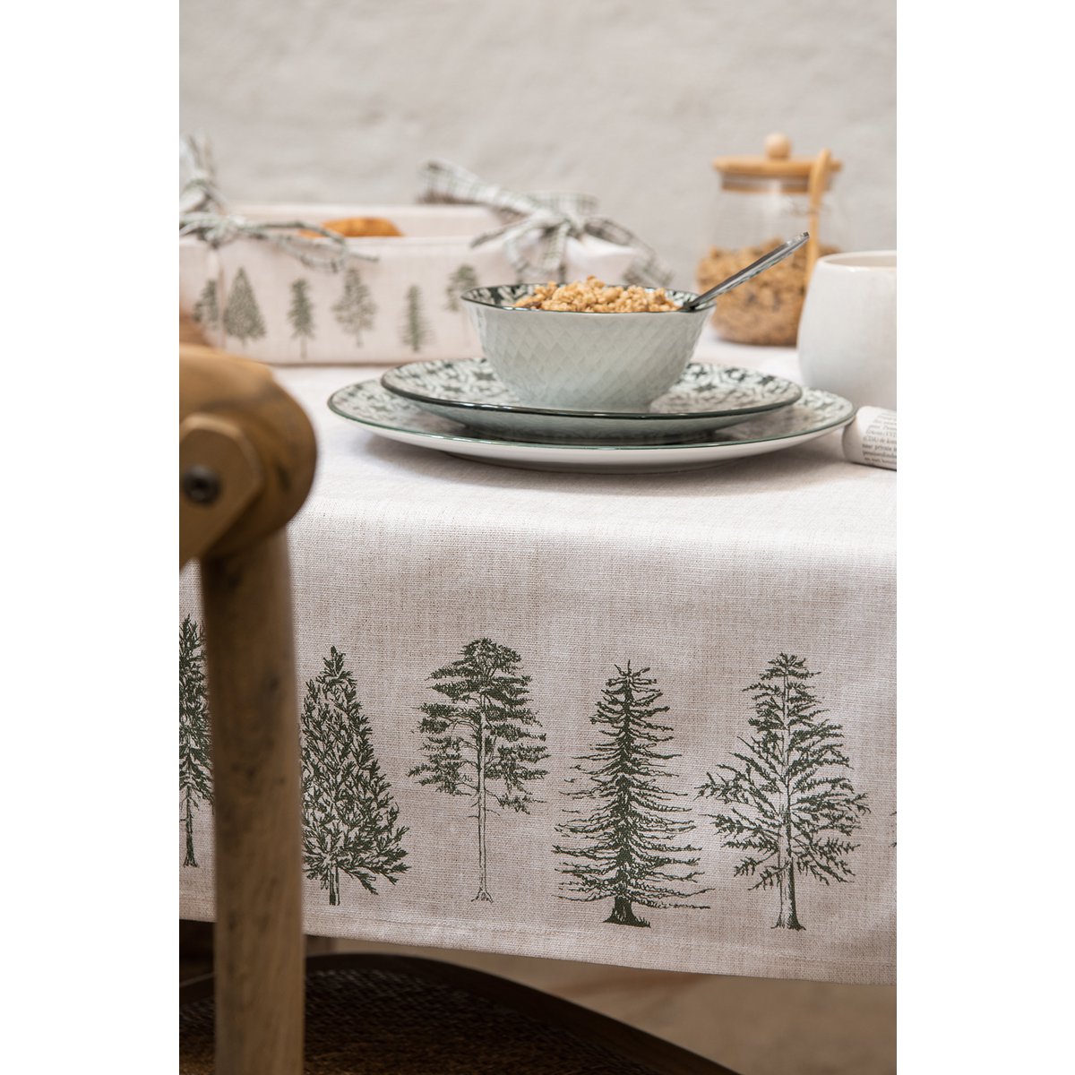 Tafelkleed 100x100 cm Beige Groen Katoen Dennenbomen