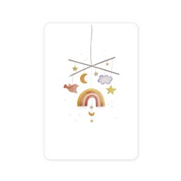 A colorful mobile featuring a rainbow, moon, and stars in a watercolor style design. This postcard-sized item is suitable for baby cards or nursery decor.