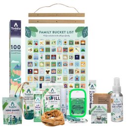 A bundle of kids sunscreens in mustard, mulberry, and alpine colors. The bundle includes a family bucket list, hand sanitizer, and other related items.