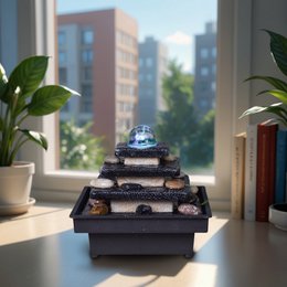 Decorative indoor fountain with a temple design, colored LED lights, and a zen-inspired aesthetic. Made of natural materials like stones and featuring a multi-tiered structure, this fountain makes a great gift idea for the home or office.