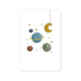 A postcard featuring a watercolor illustration of stars and planets in various colors and shapes, including a crescent moon, circular planets, and abstract celestial elements.