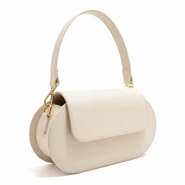  Beige leather shoulder bag, structured rectangular shape, gold hardware, Italian crafted handbag