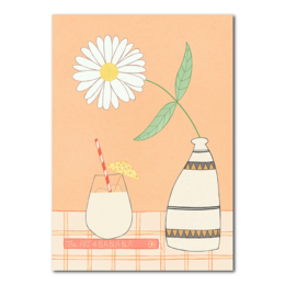 A simple, stylized illustration depicting a white daisy flower, a glass vase, and a patterned bottle on a peach-colored background.