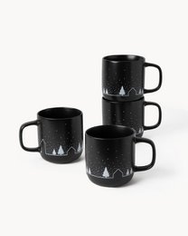 Set of 4 black ceramic mugs with white winter tree pattern, 500 ml capacity each.