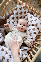 A natural hot water bottle filled with cherry stones, available in beige, brown, and teddy bear designs. Ideal for soothing and comforting babies.