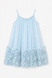  Light blue and white sleeveless girls dress with lace hem, pleated skirt, delicate straps, elegant children's clothing.
