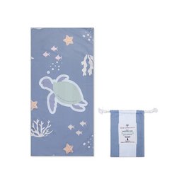  Large blue beach towel with coral and starfish design, perfect for the beach.