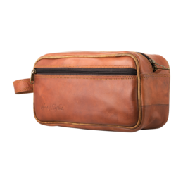 Rectangular leather toiletry bag with multiple zippered compartments and a strap for carrying.
