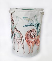 Woven basket with colorful African wildlife illustration, including a lion, elephant, and flamingo. Suitable for storing toys or other items in a child's room.