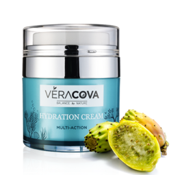 Hydration Cream - Multi-Action, a moisturizing cream with a blue and silver container, featuring a green fruit in the background.