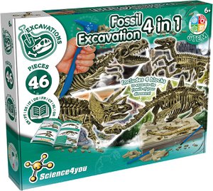 Science4you Dinosaurier-Fossilien-Ausgrabungsset 4 in 1 – Fossilien-Ausgrabungsset für Kinder, Bauen Sie 4 Dinosaurier-Fossilien, 46 Teile, Archäologie-Set, Jagd-Set – Dinosaurier-Spielzeug, Spiele für Jungen und Mädchen ab 6 Jahren