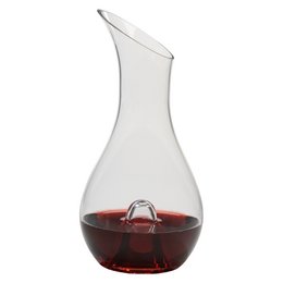 Clear glass wine decanter with a tall, slender shape and a curved neck.