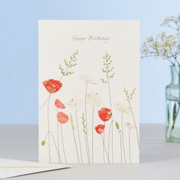 Vibrant red poppies against a neutral background, with delicate green stems and leaves. A simple, elegant birthday card design.