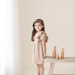 A ruffle dress for girls in a variety of colors including vanilla, peony, powder blue, rain drop, and cafe. The dress features a ruffled design and is made of a soft, lightweight material.
