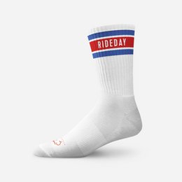  White retro crew socks with red and blue striped cuff, Rideday branding, vintage athletic style.