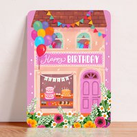 Card birthday congratulation shop gift flowers child woman illustration postcard