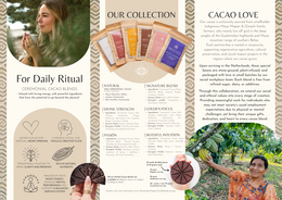 A brochure featuring various herbal cacao products, including thank you cards in Dutch and English. The brochure showcases the products' colors, materials, and visual elements such as shapes and text.