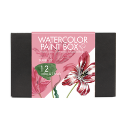 Watercolor paint set with 12 vibrant colors, perfect for creating beautiful floral paintings. Includes a variety of shades suitable for painting tulips and other flowers.