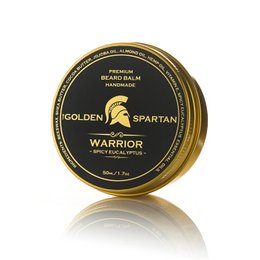 Premium beard balm in a round gold tin with the Golden Spartan Warrior logo. Contains natural ingredients to condition and style facial hair.
