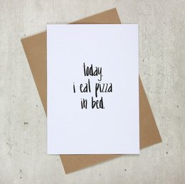 "Large map-themed pizza card for eating in bed, available in kraft envelope or leopard print kraft envelope options."

The product is a large greeting card with the text "Today I eat pizza in bed" printed on it. The card is designed with a map or world theme, likely depicting a map or globe. The product is part of a "Cards with Pictures" category and comes in three variants: without an envelope, with a kraft envelope, and with a leopard print kraft envelope.