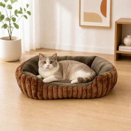 Soft plush pet bed, round cushioned design, grey brown green pink, washable non-slip, cozy warm padded mattress dogs cats