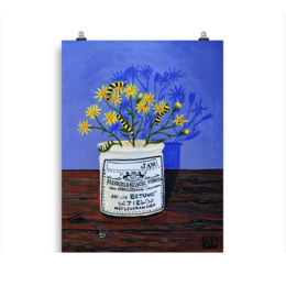 Colorful botanical poster featuring a still life of wild flowers in a jam jar against a blue background. The poster has a rustic, hand-painted style and includes text describing the contents.