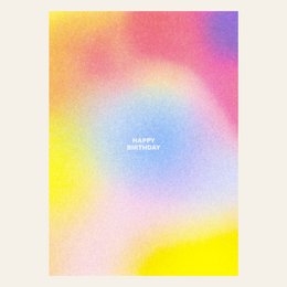 Colorful, abstract birthday card with the text "Happy Birthday" in the center. The card features a vibrant gradient background in shades of yellow, orange, pink, and purple, creating a festive and celebratory atmosphere.