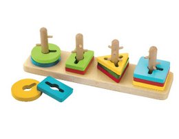 Colorful wooden puzzle toy with various shaped pegs and blocks. Encourages fine motor skills, hand-eye coordination, and shape recognition in young children.