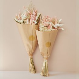 Dried Flower Bouquet - Blush, Large and Medium sizes available. Floral arrangement in a paper cone with a variety of dried flowers in shades of pink, white, and beige.