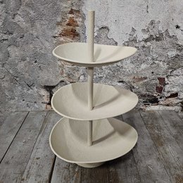 Cream white three-tier round etagere stand, modern minimalist design, metal pole construction, decorative tiered tray display.