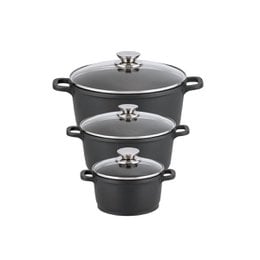 Set of 3 pots with glass lids, 16 cm, 20 cm, and 24 cm, made of Elo Alucast material, suitable for stock pots.
The set of 3 pots with glass lids in sizes 16 cm, 20 cm, and 24 cm are made of Elo Alucast material, making them suitable for use as stock pots. The pots feature a black color and have a sleek, modern design.